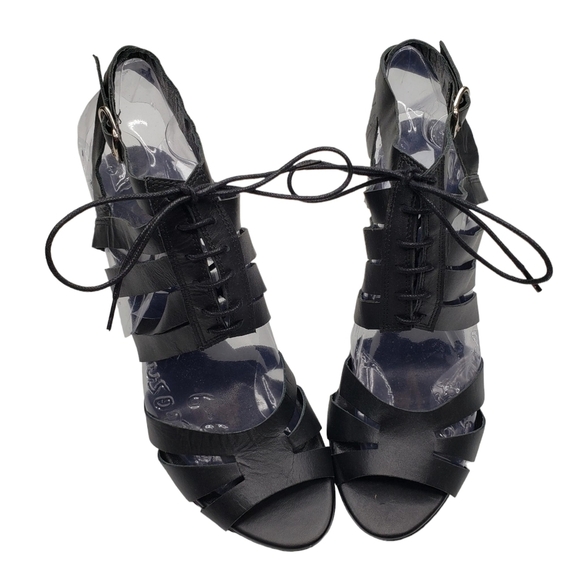 TOPSHOP | Black Strappy Vegan Leather Cage Lace Up Open Toe Heels Women's 7.5 - Picture 10 of 14